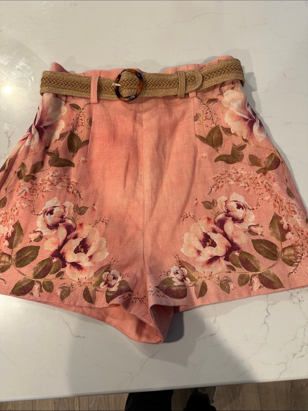 Zimmermann Coral Pink Floral High-Waist Shorts with Woven Tan Belt